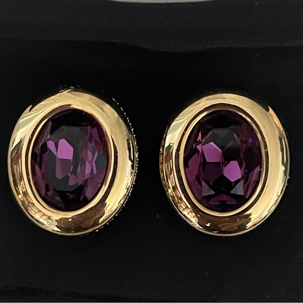 Swarovski Elegant Gold and Purple Clip-on Earrings with side clear crystal stone